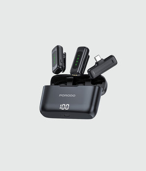 Porodo Lavalier Double Microphone with Charging Case - Black